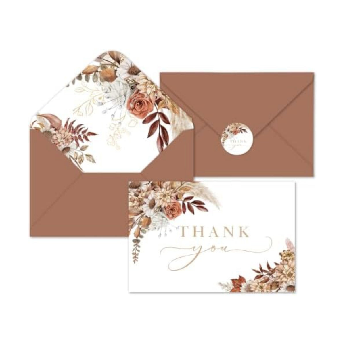 Whaline 100Pcs Fall Floral Thank You Cards with Envelopes Stickers Boxed Greeting Cards Watercolor Boho Flower Leaves Note Card for Autumn Thanksgiving, 4 x 6 Inch