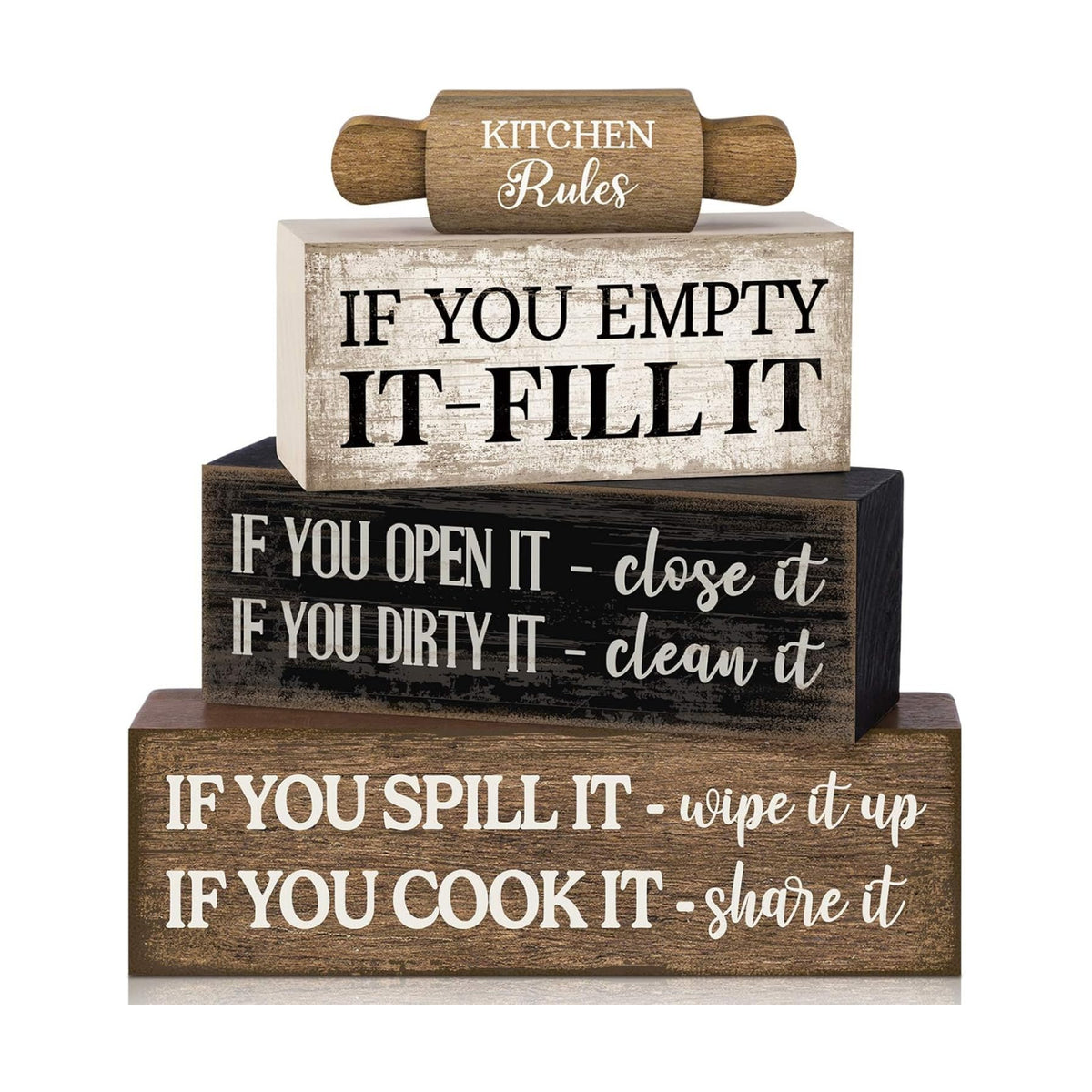 Moucuny 4 Pcs Farmhouse Tiered Tray Decor, Kitchen Rules Wooden Signs