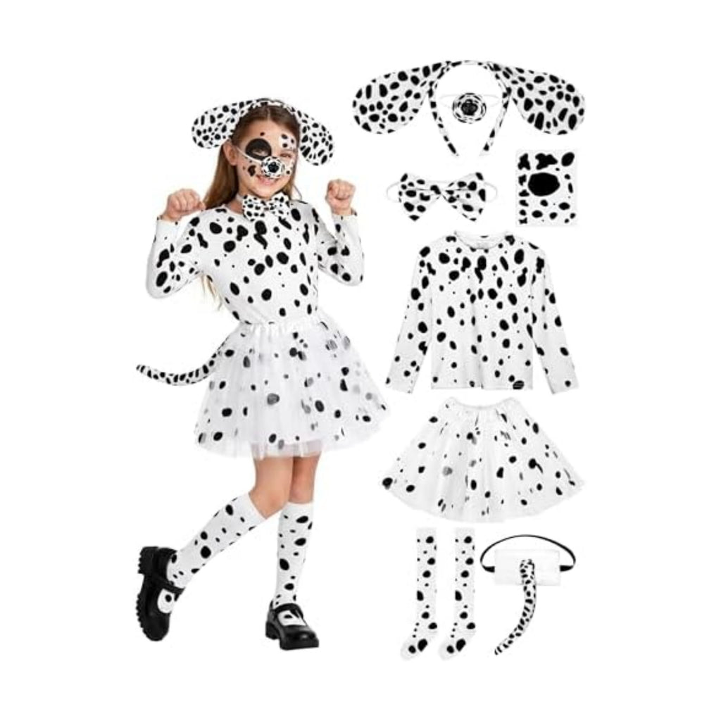 AOTHSO 8 Pieces Halloween Girls Dalmatian Costume Set with Dog Accessories Long Sleeves Tutu Skirt for Kids Cosplay
