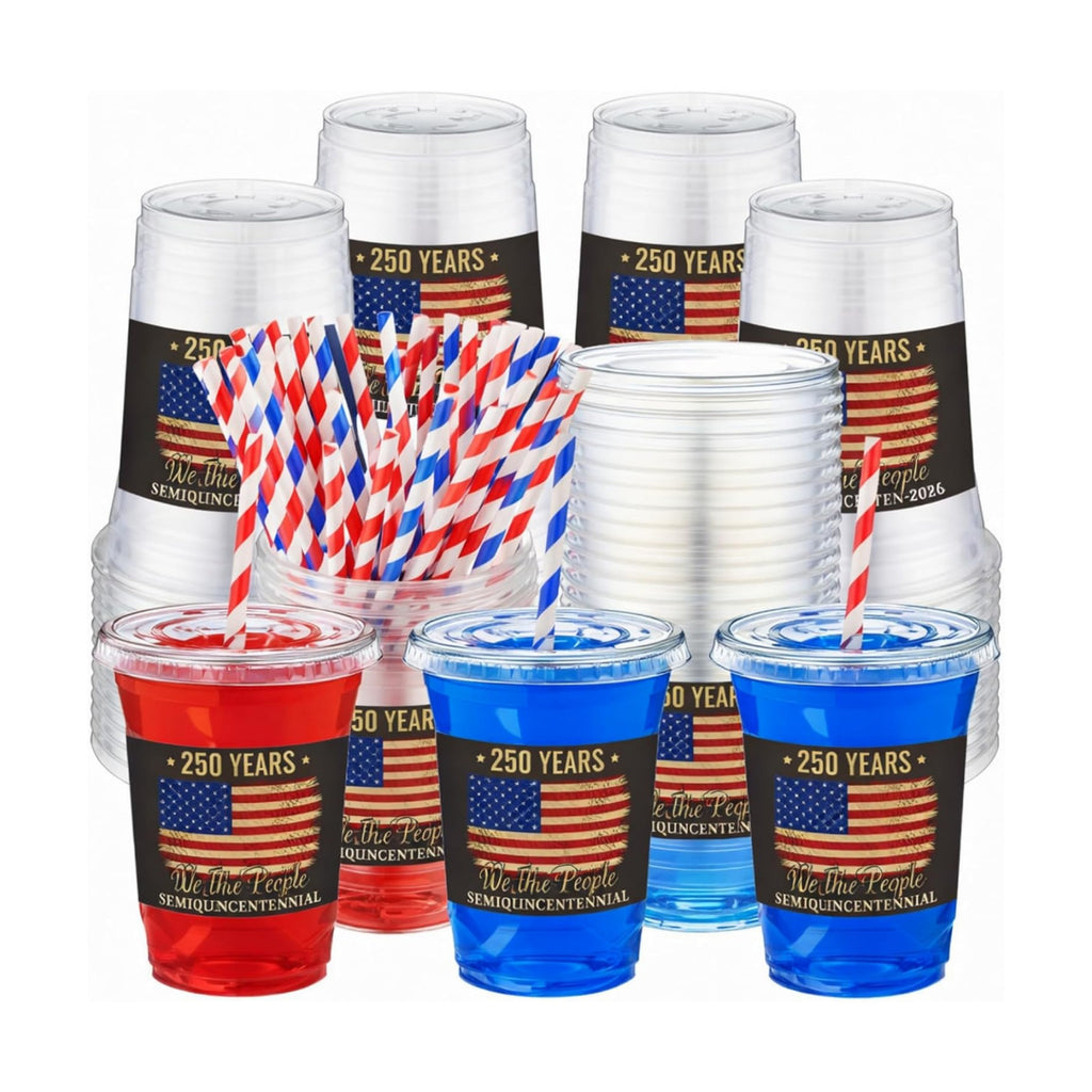 FillTouch 50 Pcs 250th 4th of July Cups USA Anniversary Party Supplies America Patriotic Red White Blue 250 Fourth of July Disposable Cups for Independence Day Items US Memorial Party Decoration