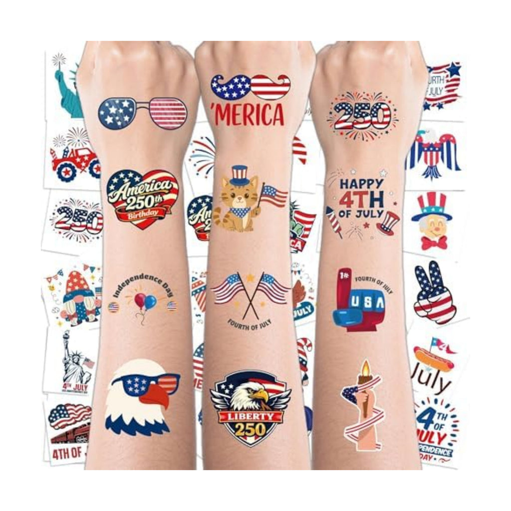 250th Anniversary USA Shirt - 150 PCS USA Flag Patriotic Tattoos for Fourth of July Accessories America Merchandise | 4th of July Outfits for Women,Red White Blue Party Decorations Favors Supplies