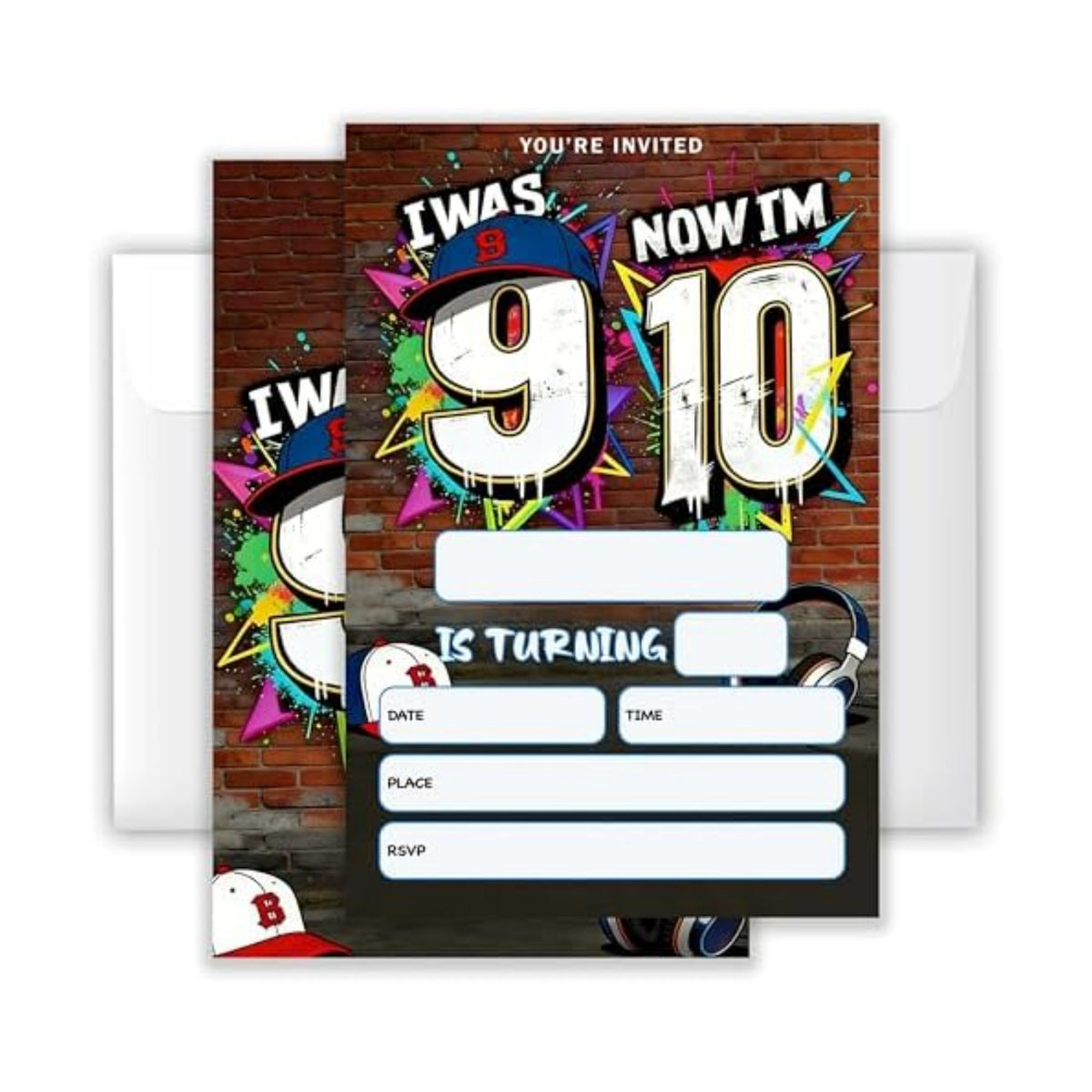 4x6 I Was 9 Now I'm 10" Urban 10th Birthday Invitation Set (20 Cards + 20 Envelopes) – Street Style Sports Themed Party Invites.(171)