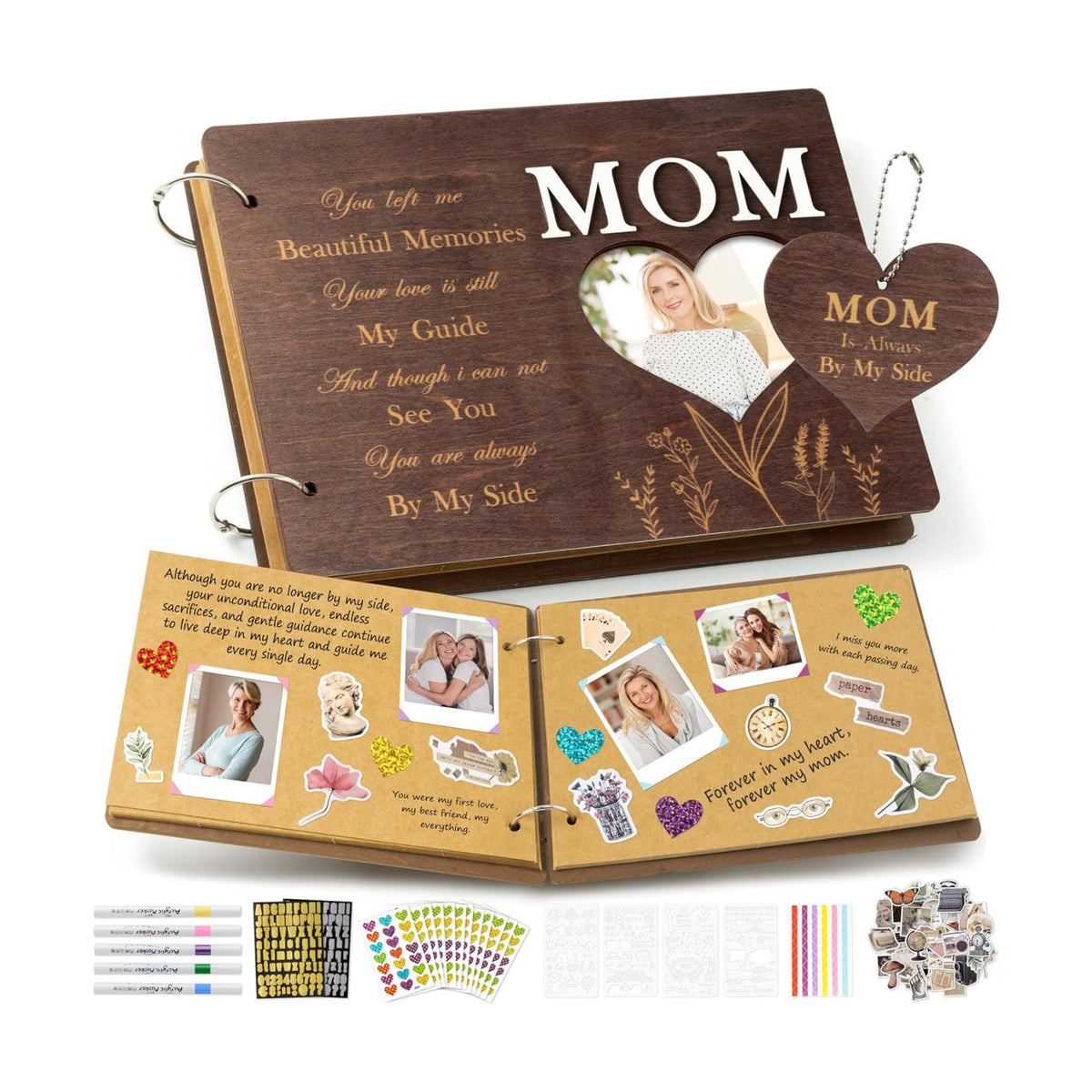 CY2SIDE Mom Memorial Gifts Photo Album – 110PCS In Loving Memory of Mom Wooden Scrapbook Kit Sympathy Gift for Loss of Mother, Bereavement Keepsake Grief Journal for Mother’s Day & Grieving Family