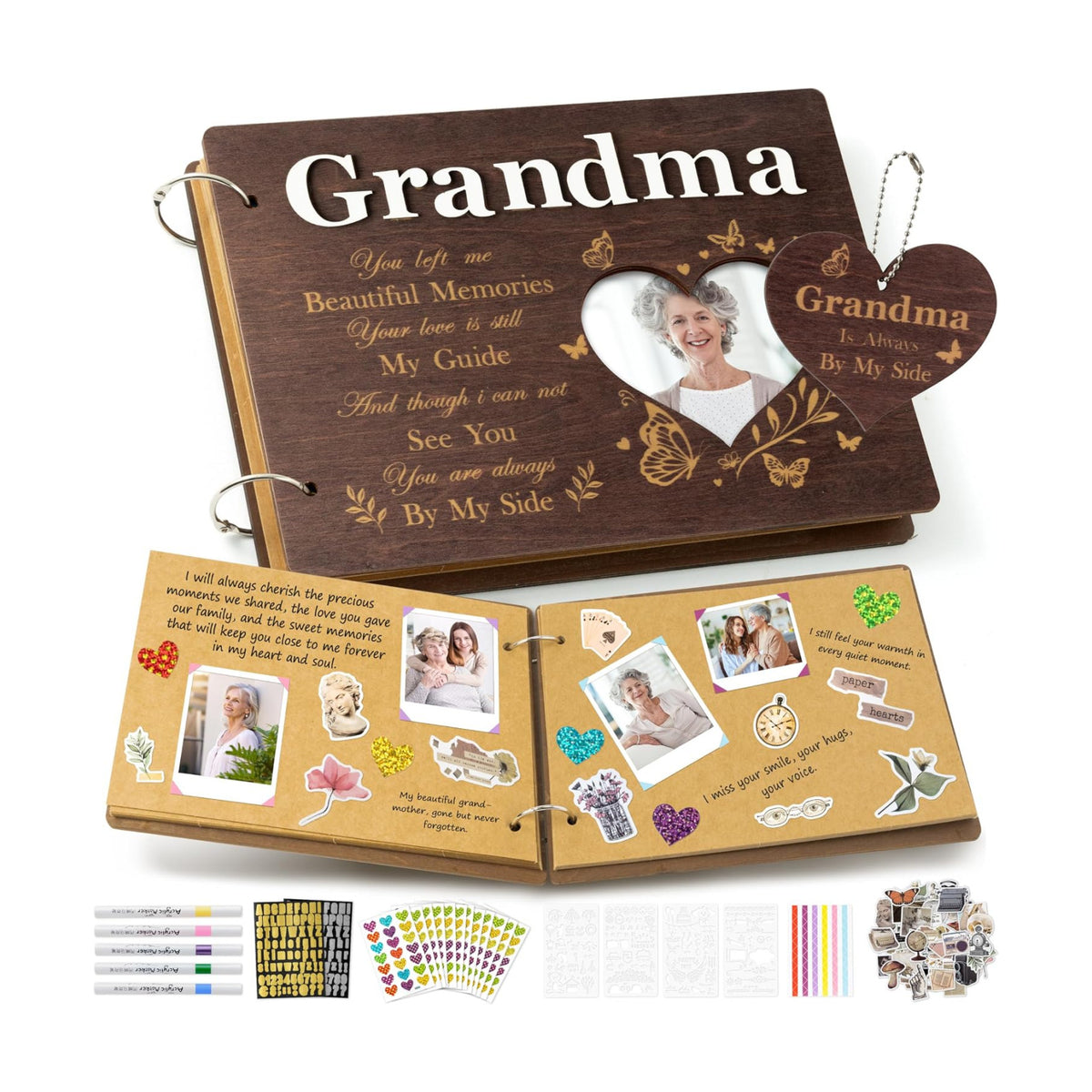 CY2SIDE Grandma Memorial Gifts Photo Album – 110PCS In Loving Memory of Grandma Wooden Scrapbook Kit Sympathy Gift for Loss of Grandmother, Bereavement Grief Album for Mother’s Day & Grieving Family