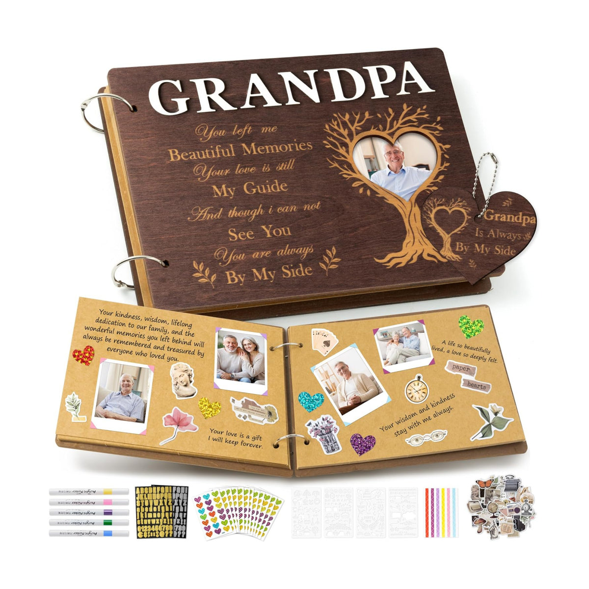 CY2SIDE Grandpa Memorial Gifts Photo Album – 110PCS In Loving Memory of Grandpa Wooden Scrapbook Kit Sympathy Gift for Loss of Grandfather, Bereavement Grief Album for Father’s Day & Grieving Family