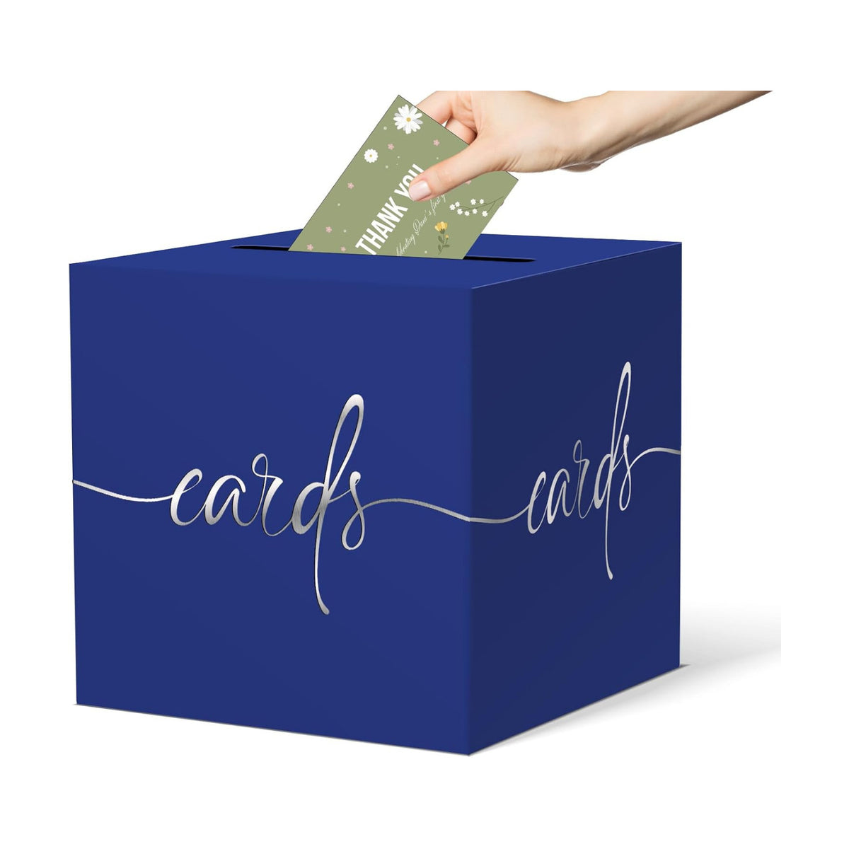Dark Blue Card Box with Silver Foil Design, Paperboard 8.7" Card Box for Birthday Wedding Party Graduation Retirement Anniversary Valentine's Day & Baby Showers, Raffle or Money Box