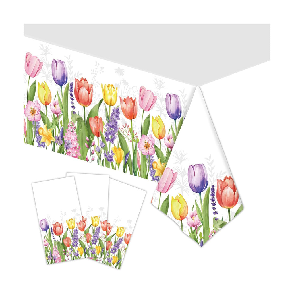 Gistome 3-Piece 54 x 108 Inch Spring Floral Plastic Tablecloth – Colorful Wildflower and Tulip Border Disposable Table Covers for Garden Parties, Baby Showers, Picnics, and Spring Celebrations