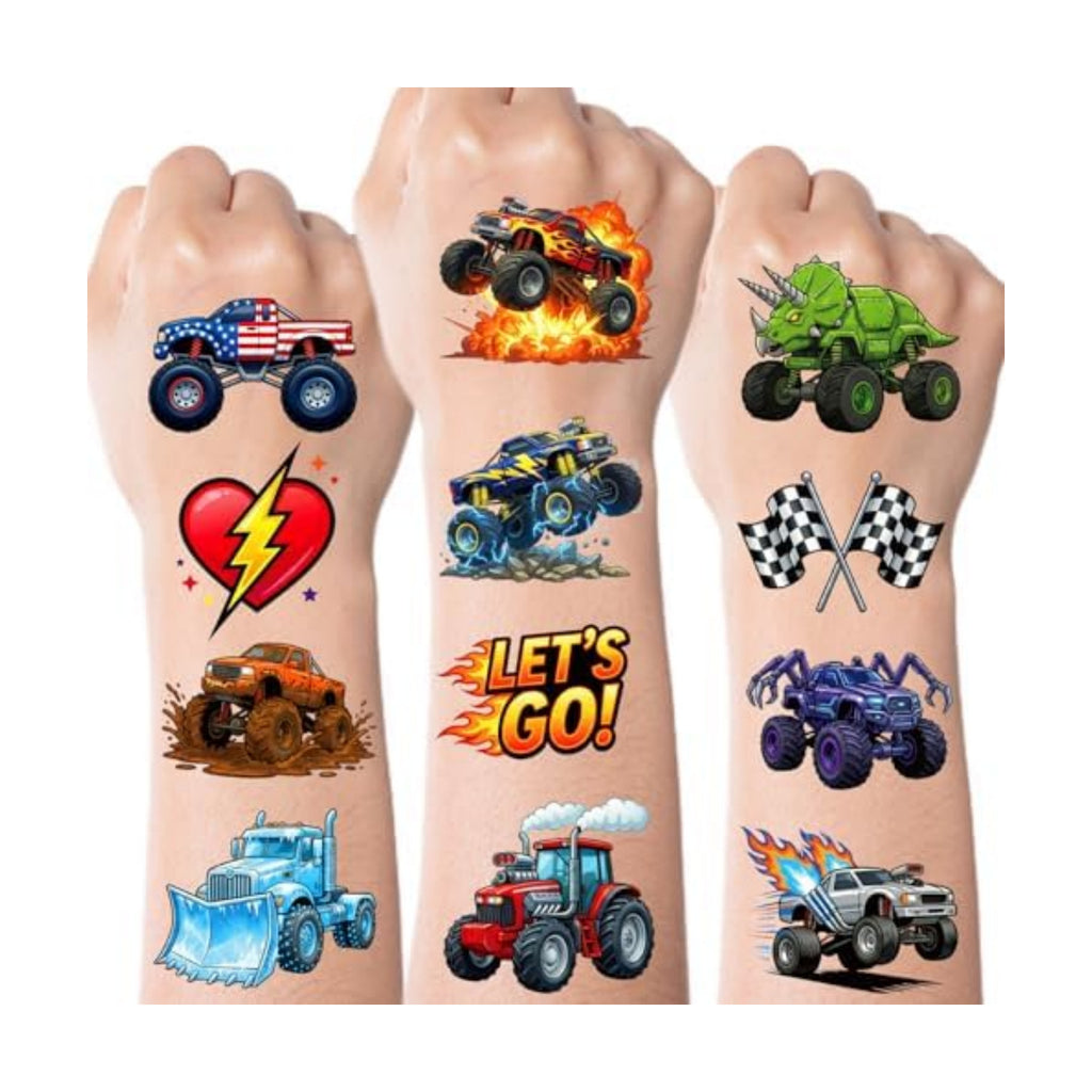JCFIRE Monster Truck Temporary Tattoos for Kids Boys Age 4-7, Pre-cut Perforated No Scissors Needed, Diggers Construction Car Theme Birthday Party Favors Supplies Decorations Goodie Bag Stuffer