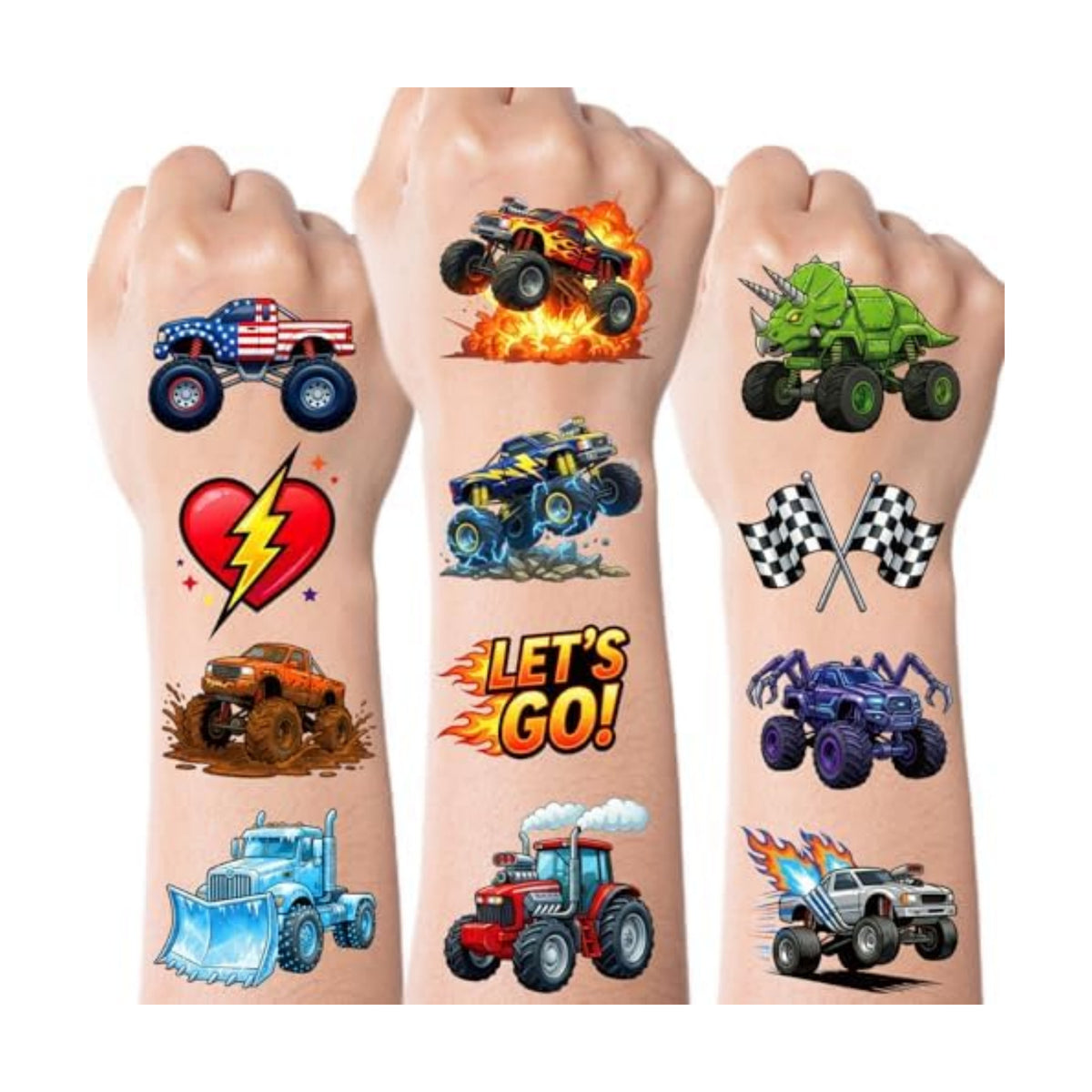 JCFIRE Monster Truck Temporary Tattoos for Kids Boys Age 4-7, Pre-cut Perforated No Scissors Needed, Diggers Construction Car Theme Birthday Party Favors Supplies Decorations Goodie Bag Stuffer