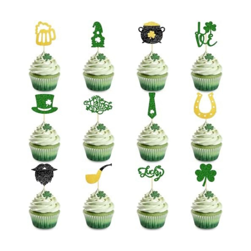 24Pcs St.Patrick's Day Cupcake Toppers, Lucky Shamrock Cake Decorations