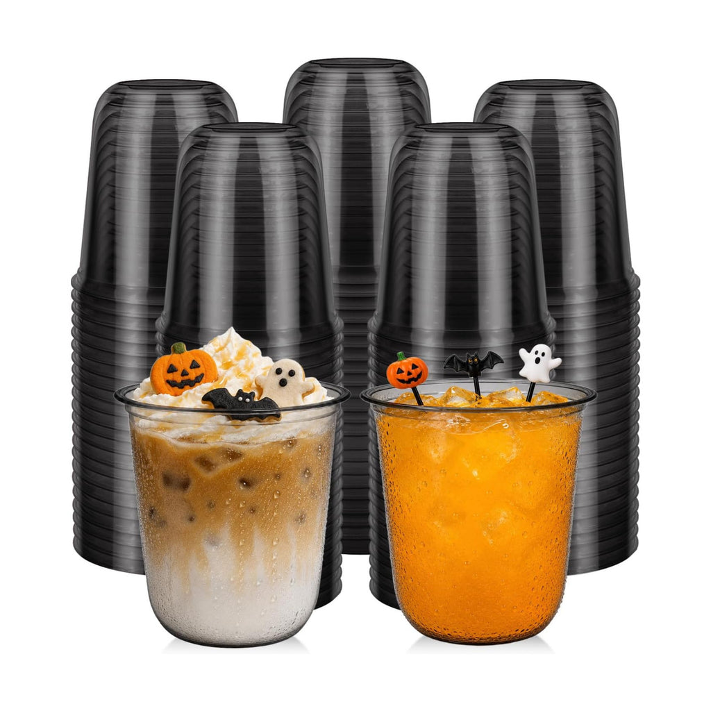 100 Pack 12 oz Black Disposable Plastic Cups, Halloween Party Cups