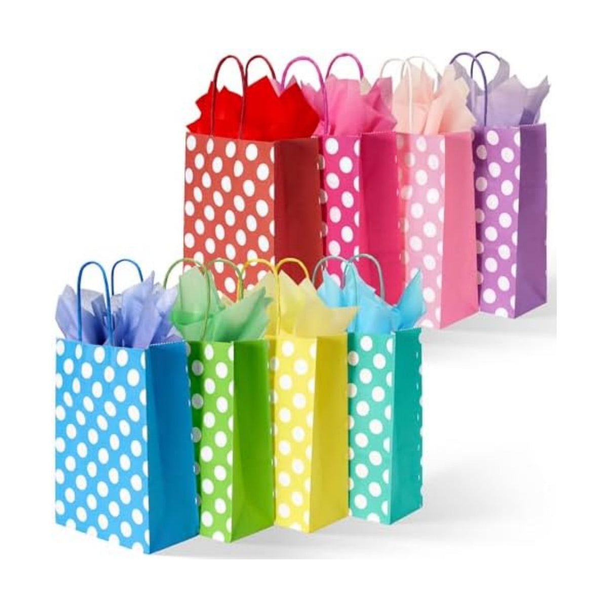 BLEWINDZ 32 Pieces Small Gift Bags with 32 Tissues, 8 Colors Rainbow Party Favor Bags with Handle for Birthday, Wedding and Party Celebrations (Polka Dots)