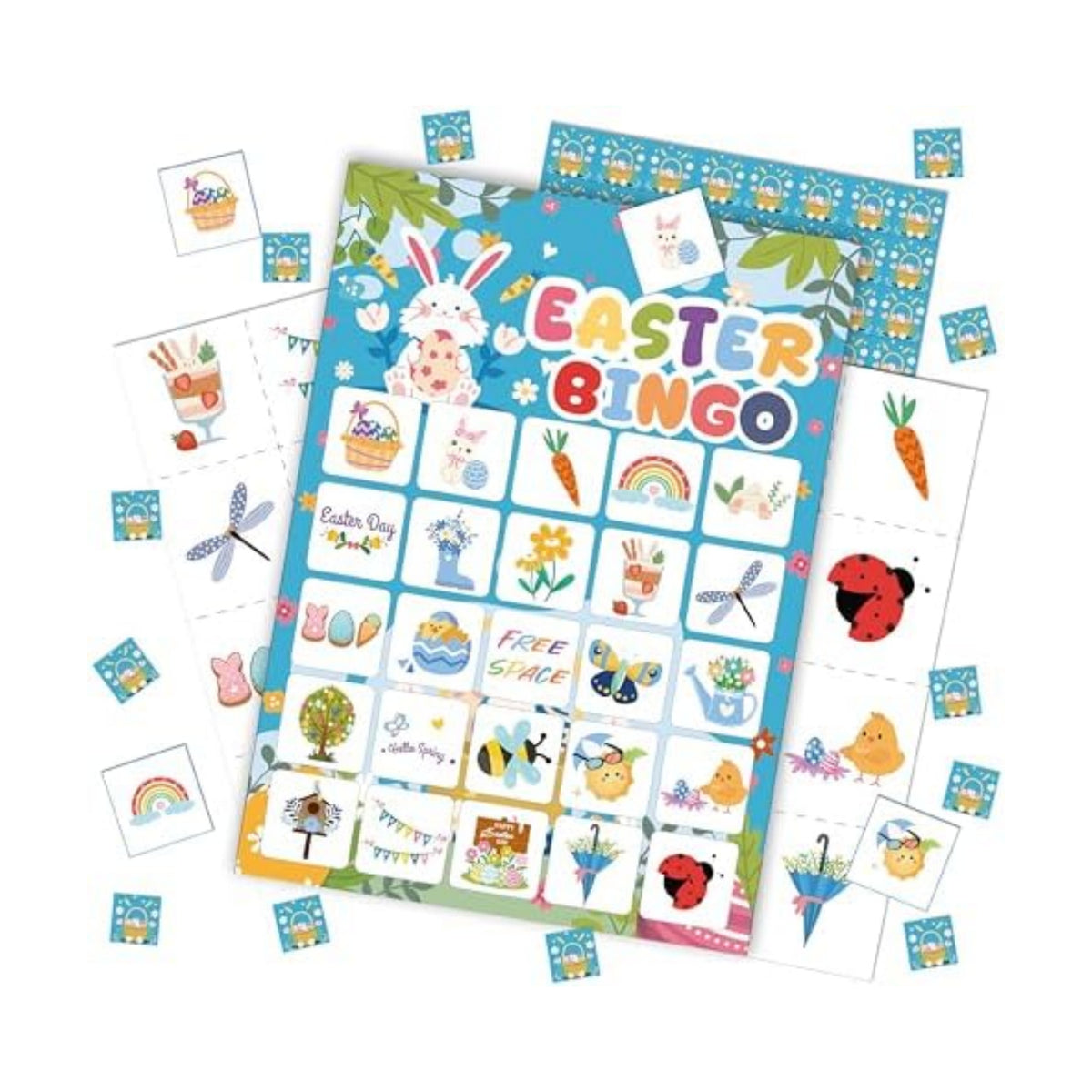 24 Pack Easter Bingo Game Cards - Spring Egg Hunt Party Activities for Adults & Family, 5x7 Inch Premium Cardstock, Bunny & Easter Egg Themed Party Supplies - Includes Caller & Player Chips