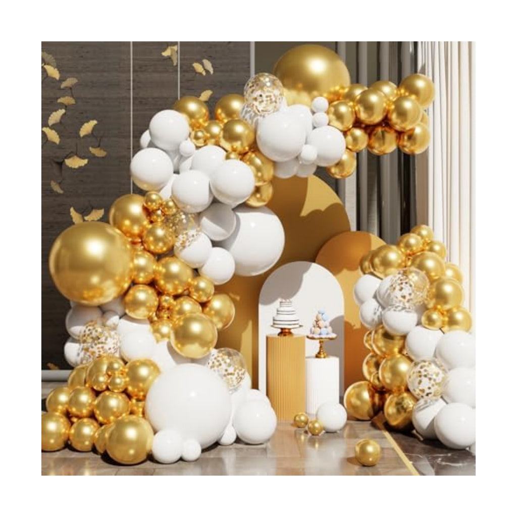 White and Gold Balloons Arch Kit, 131Pcs Gold Latex Balloons Different Size