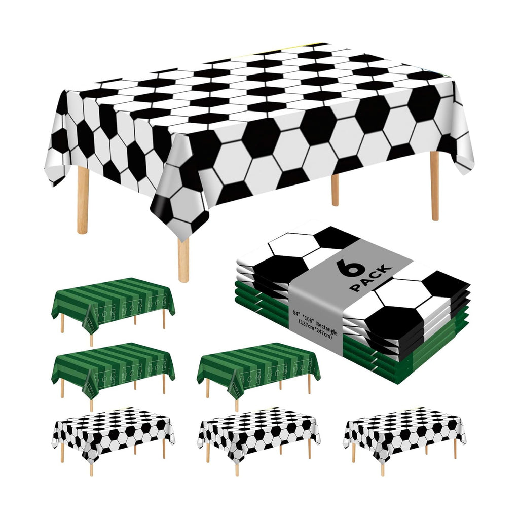 6 Pack Soccer Party Premium Disposable Plastic Tablecloth 54" x 108" Table Cloths Include 3 Black＆White and 3 Green for 6 to 8 Foot Sports Ball Theme Decoration Supplies (Soccer)