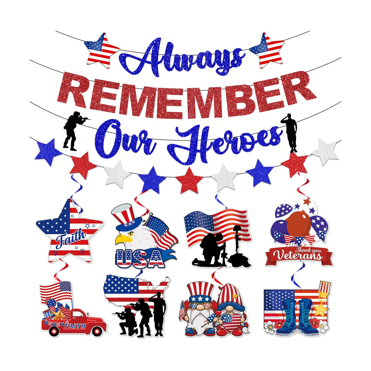 Memorial Day Banner and Memorial Day Decorations Set for A Proud Patriotic Look, Always Remember Our Heroes Banner with 1 Garland and 8 Hanging Swirls