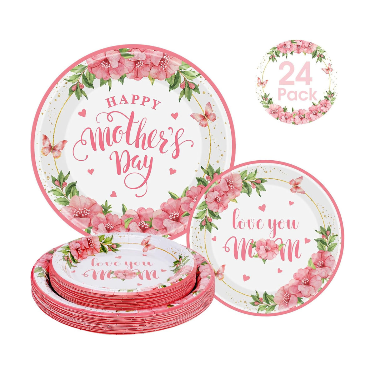 24 Pcs Happy Mother's Day Plates Set - Pink Love You Mom Paper Plate, Disposable Flowers Mothers Day Round Dinner Dessert Plates Tableware for Mother Days Party Supplies Favors Table Decorations