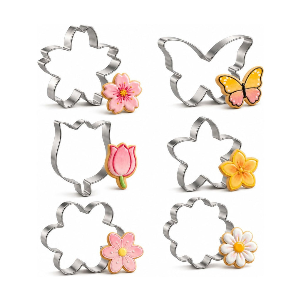 Flower Cookie Cutter Set, 6 PCS Tulip, Cherry Blossom, Frangipani, Daisy, Sunflower, Butterfly, Stainless Steel Holiday Cookie Cutter Shapes for Baking Biscuit Molds