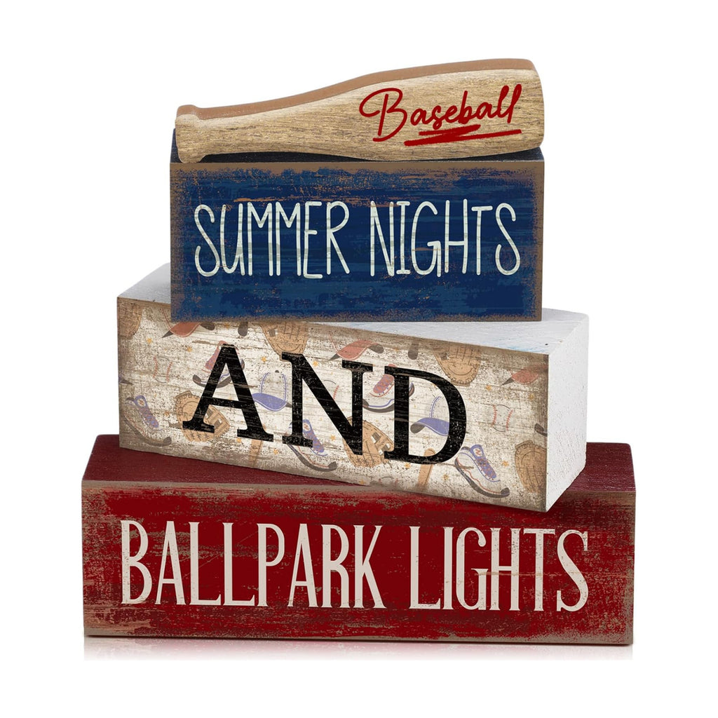 Lineshading 4 Pcs Baseball Wooden Blocks Sign with Bat, Blue White Red