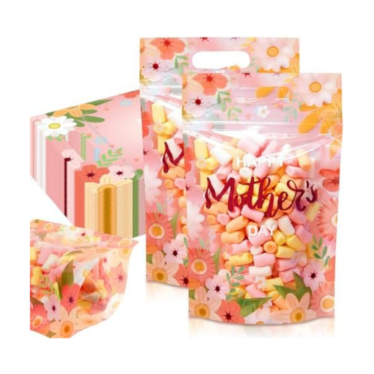 Engrowtic 100 Pcs Mother's Day Plastic Gift Bags with Handles Resealable Pink Flower Mom Candy Treat Goodie Cookie Bags for Happy Mothers Day Party Favor Wrapping Supplies