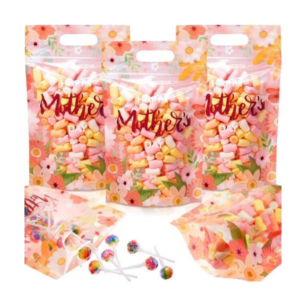 Engrowtic 50 Pcs Mother's Day Plastic Gift Bags with Handles Resealable Pink Flower Mom Candy Treat Goodie Cookie Bags for Happy Mothers Day Party Favor Wrapping Supplies