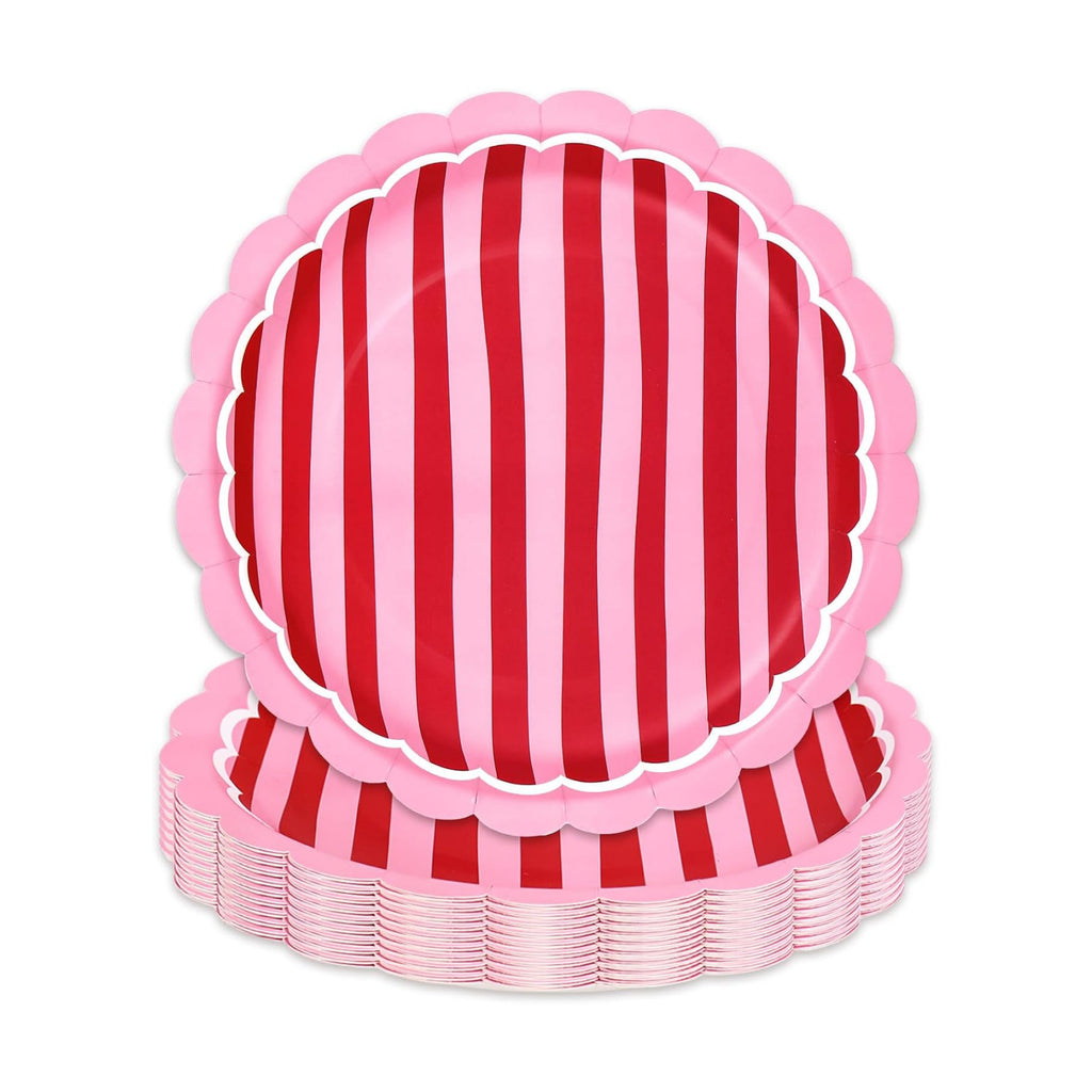 JarThenaAMCS 30Pcs Stripe Paper Plates 9 Inch Red Pink Scalloped Disposable Dinner Plate for Valentine's Day Wedding Summer Cherry Theme Party Table Decor