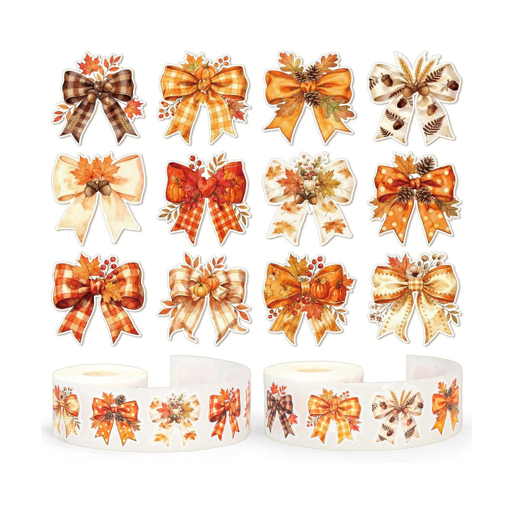 Whaline 1000 Pcs Fall Bow Stickers Roll Orange Pumpkin Plaid Leaves Bowknot Self-Adhesive Decals for Thanksgiving Autumn Scrapbook Journal Envelope Decor, 2 Rolls