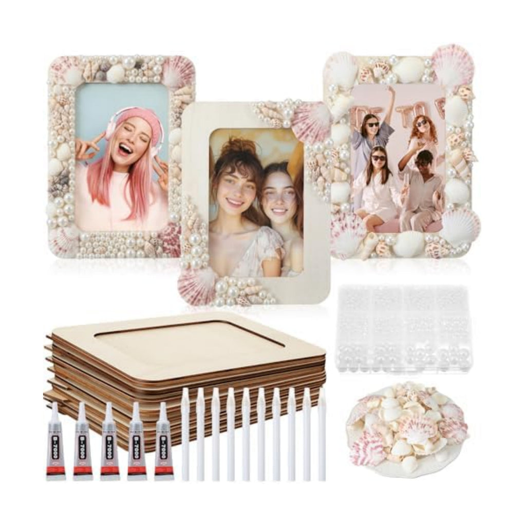 Yousoontic 10 Sets 4" X 6" Wood DIY Photo Frame Kit with Shells Pearls Glue