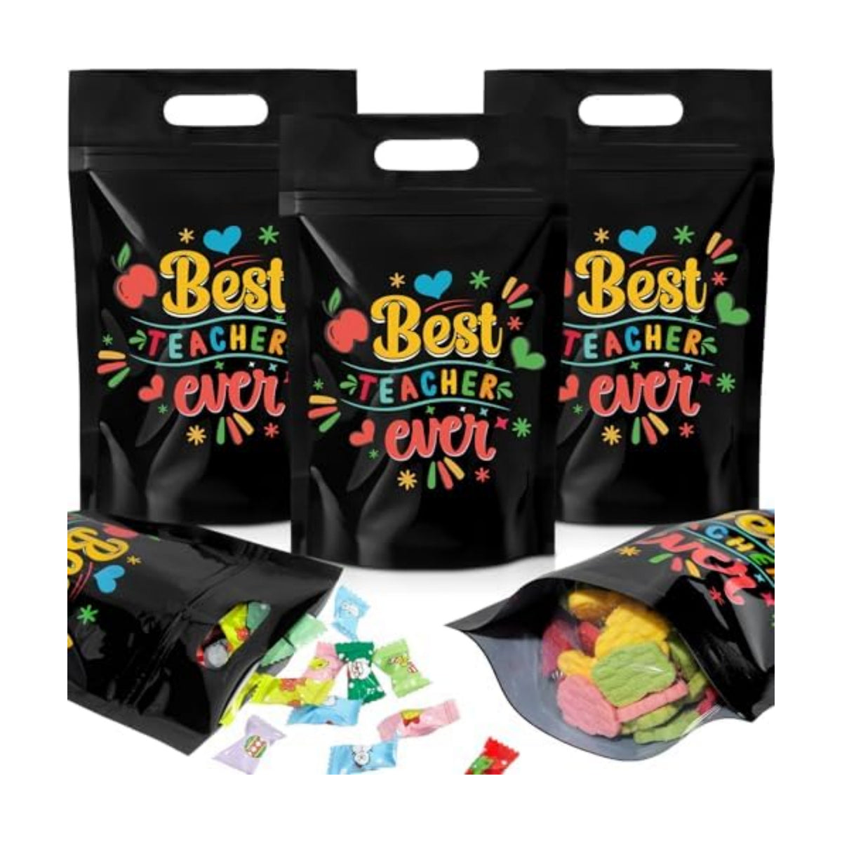 Engrowtic 50 Pcs Back to School Teacher Gift Bags Resealable First Day of School Teacher Treat Bag Bulk Thank You Goodie Pouches with Handles for Classroom Preschool Kindergarten Supplies