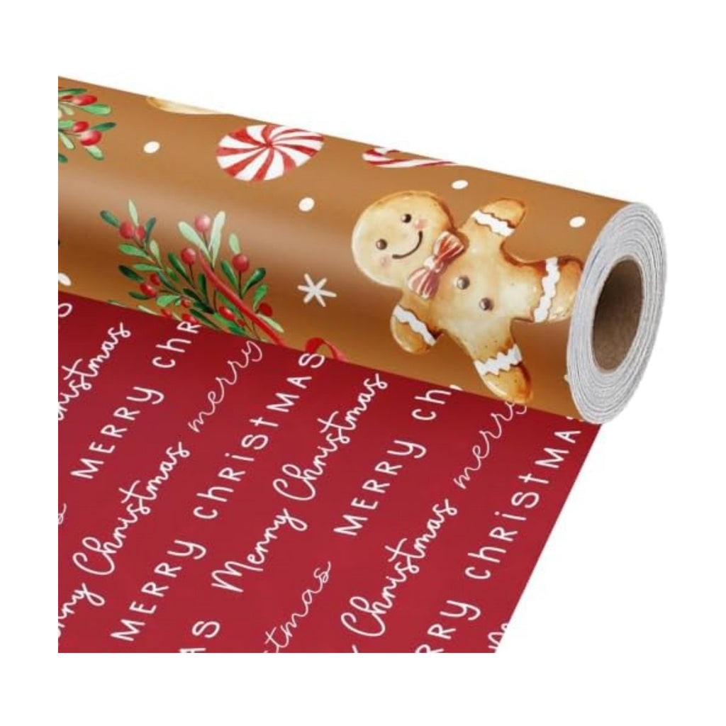 LaRibbons Christmas Wrapping Paper, Double-Sided Gingerbread Cookie Design