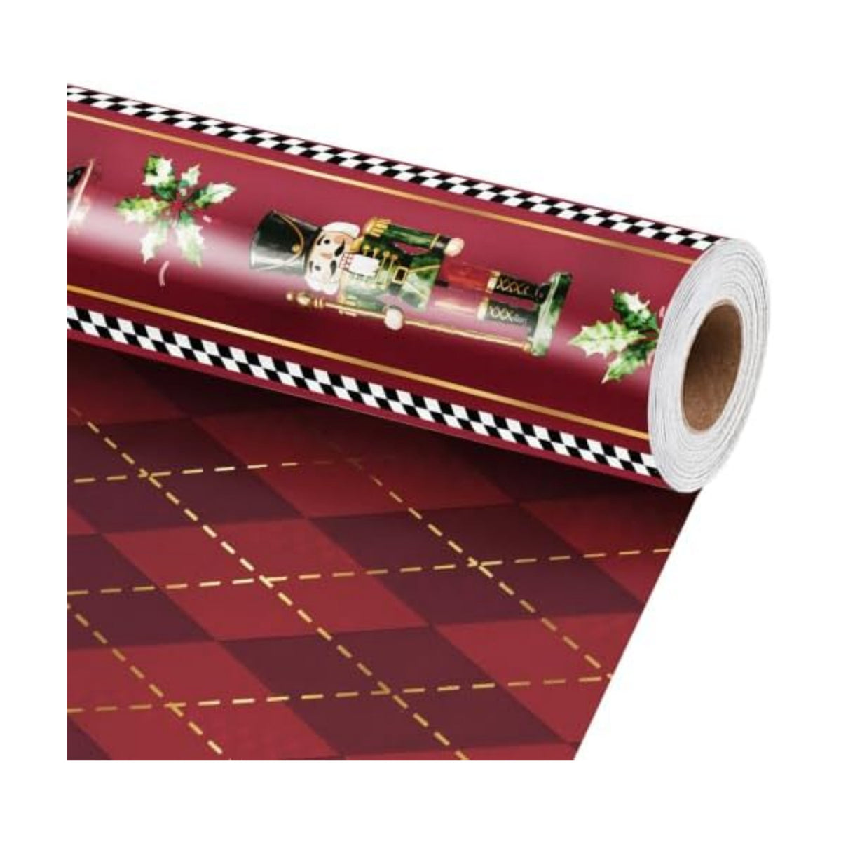 LaRibbons Nutcracker Christmas Wrapping Paper, Red Gold Foil Argyle Plaid