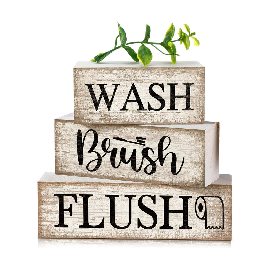 Moucuny 3 Pcs Bathroom Decor Wooden Block Signs Farmhouse Rustic