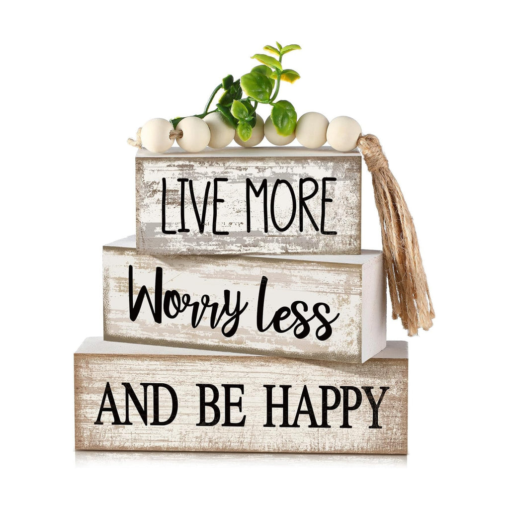Moucuny 4 Pcs Inspirational Farmhouse Table Decor Rustic Stacked Wooden Block Sign - Live More Worry Less Be Happy Centerpieces Set with Beaded Tassel and Artificial Plant for Home, Office, Shelf Gift