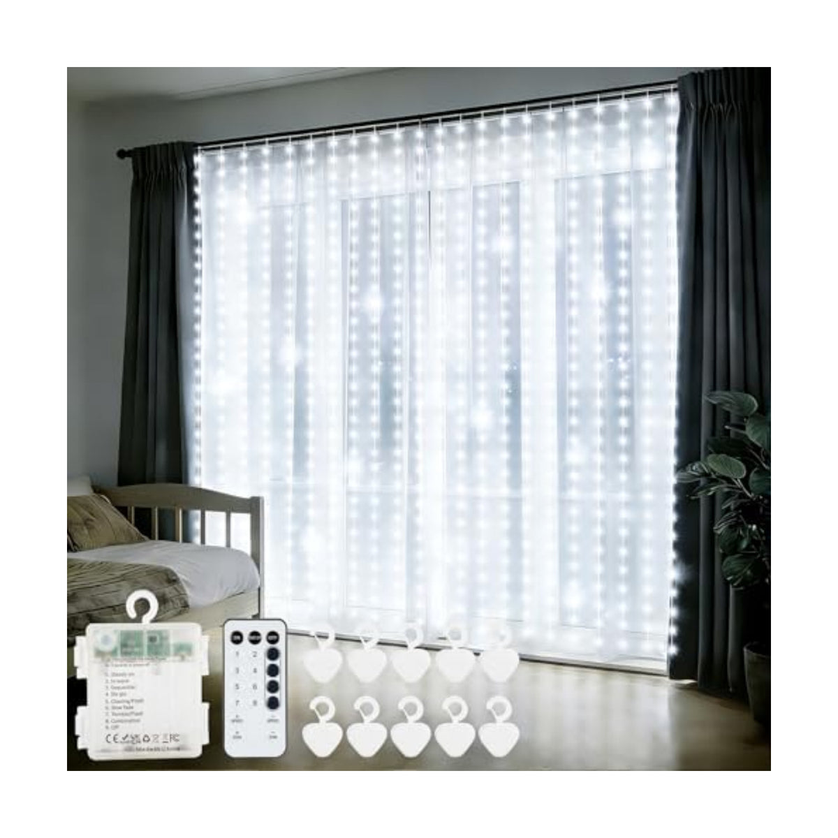 echosari Curtain Lights Battery Operated 9.8 x 9.8Ft with Timer Cool White