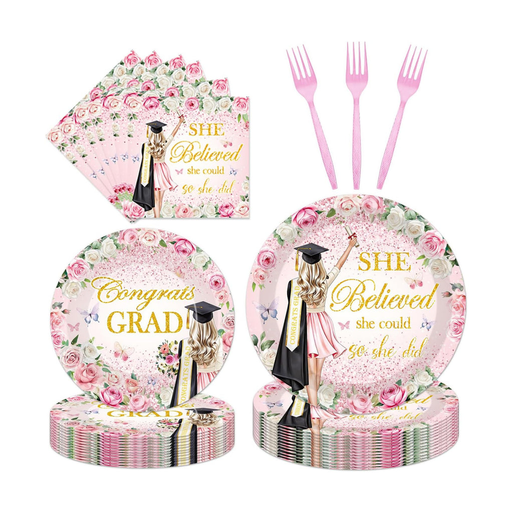 96Pcs She Believed She Could So She Did Paper Plates Napkins Forks Flower Graduation Decorations 2026 Party Tableware Floral Grad Class of 2026 for College High School Supplies Serve 24 Guests