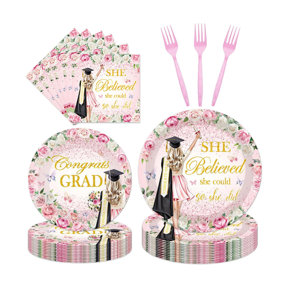 96Pcs She Believed She Could So She Did Paper Plates Napkins Forks Flower Graduation Decorations 2026 Party Tableware Floral Grad Class of 2026 for College High School Supplies Serve 24 Guests