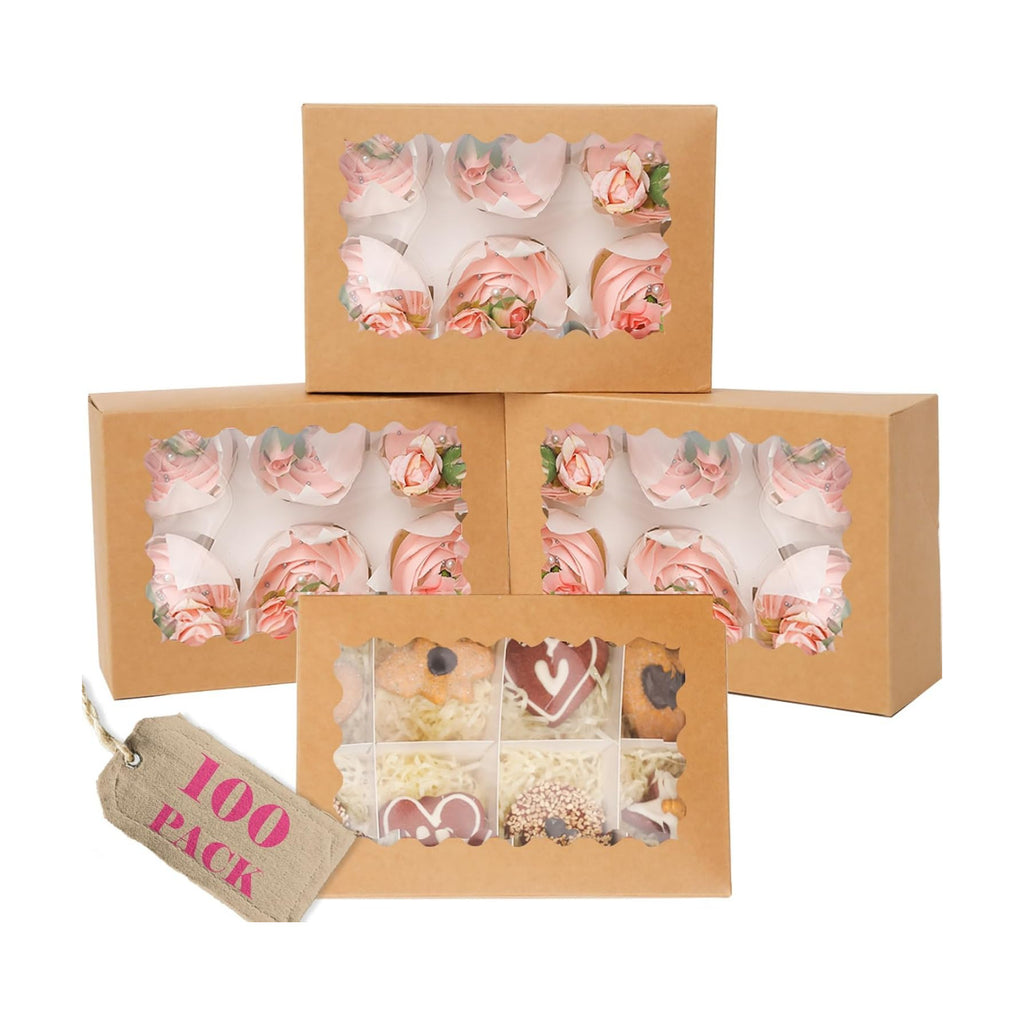 qiqee Auto-pop Up Cupcake Boxes with Window Brown 100PCS 6 Count Cupcake Box 9.4"x6.1"x3" Cupcakes Carrier, 6 Cupcake Containers