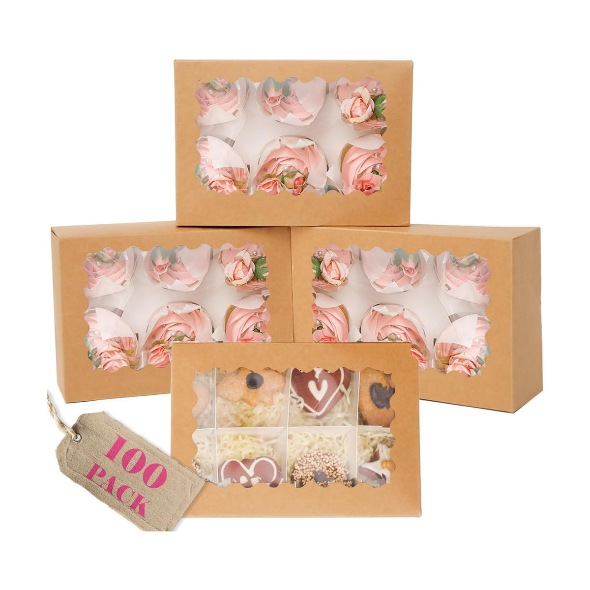 qiqee Auto-pop Up Cupcake Boxes with Window Brown 100PCS 6 Count Cupcake Box 9.4"x6.1"x3" Cupcakes Carrier, 6 Cupcake Containers
