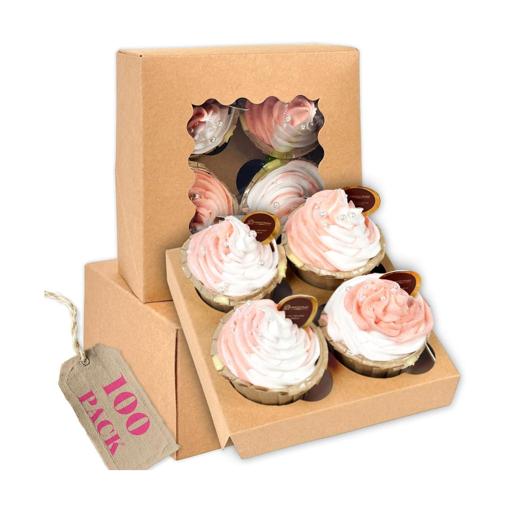 qiqee Auto-pop Up Cupcake Boxes with Window Brown 100PCS 4 Count Cupcake Box 6.3"x6.3"x3" Cupcakes Carrier, 4 Cupcake Containers