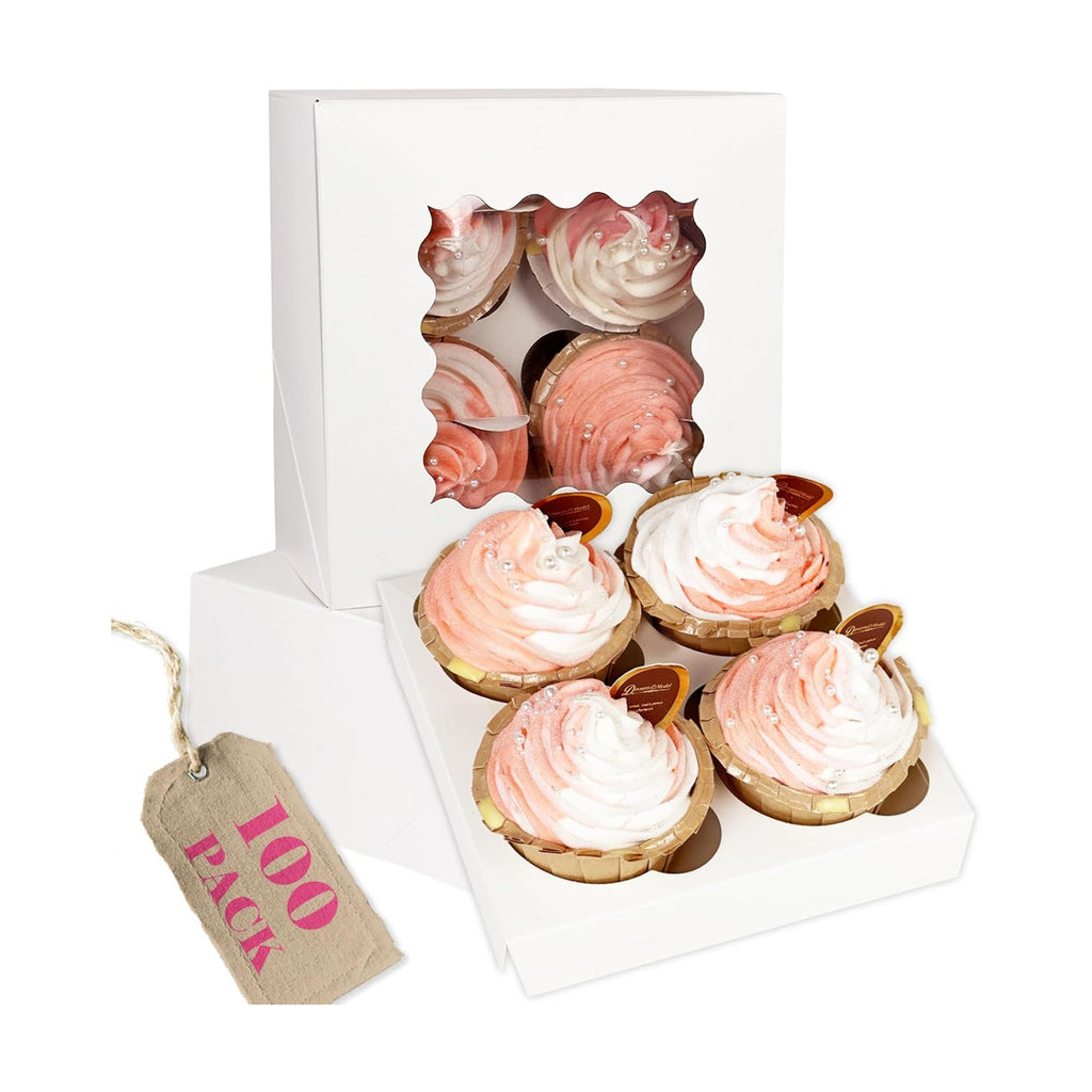 qiqee Auto-pop Up Cupcake Boxes with Window White 100PCS 4 Count Cupcake Box 6.3"x6.3"x3" Cupcakes Carrier, 4 Cupcake Containers