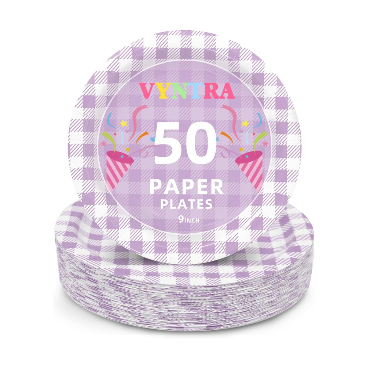 Vyntra 50 Pcs Lavender Gingham 9 Inch Round Paper Dinner Plates