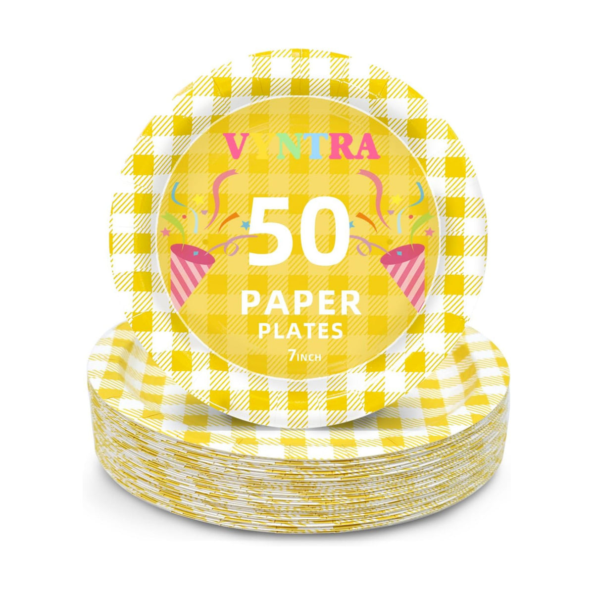 Vyntra 50 Pcs Yellow Gingham 7 Inch Round Paper Dessert Plates
