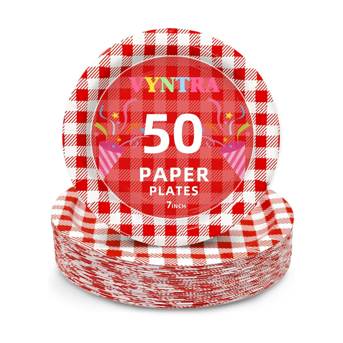 Vyntra 50 Pcs Red Gingham 7 Inch Round Paper Dessert Plates