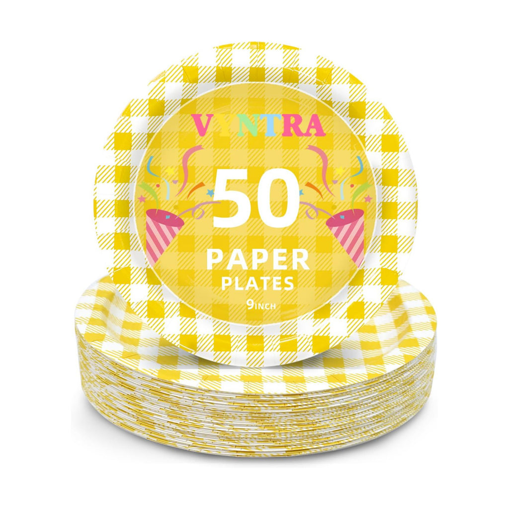 Vyntra 50 Pcs Yellow Gingham 9 Inch Round Paper Dinner Plates