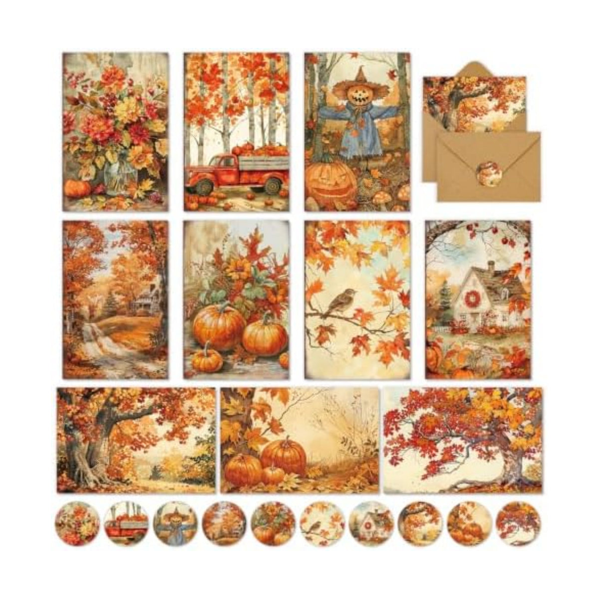 FYSUIMU Fall Greeting Cards 4 x 6 Inch Boxed Autumn Truck Pumpkin Leaves Blank Note Card with Envelopes Stickers Glue Stick for Thanksgiving Harvest Party Supplies, 20 Pack
