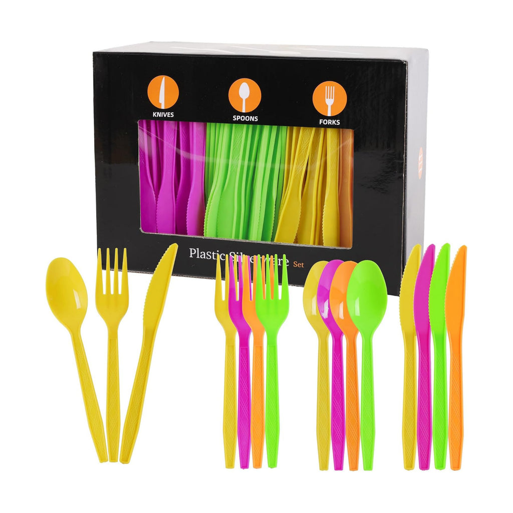 360Pcs Neon Plastic Silverware Set, Disposable Forks Spoons Knives