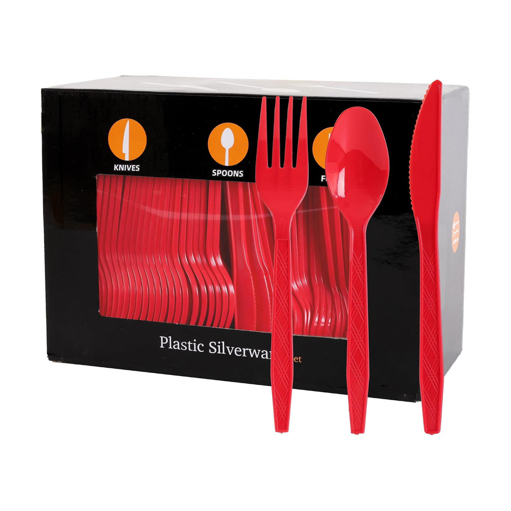 360Pcs Red Plastic Silverware Set, Disposable Forks Spoons Knives