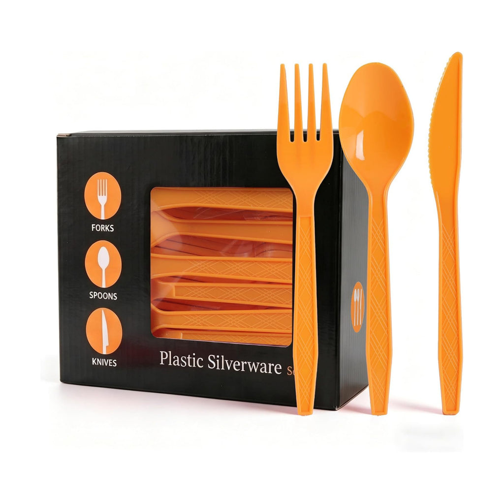 90Pcs Orange Plastic Silverware Set, Disposable Forks Spoons Knives