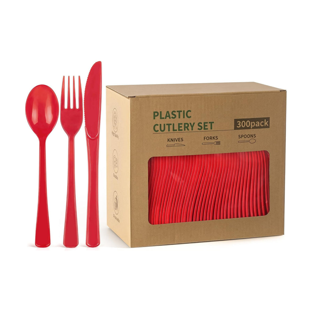 300Pcs Red Plastic Silverware Set, Full Size Disposable for Dinner