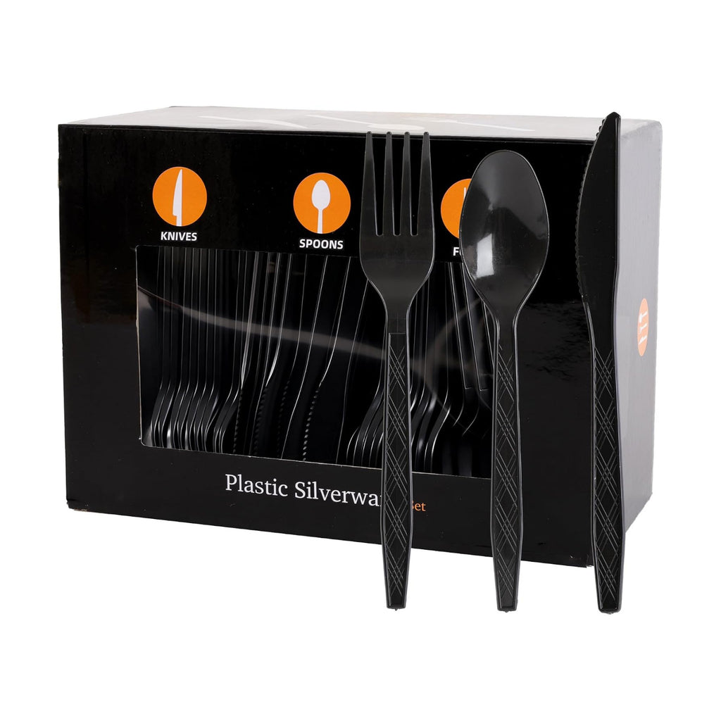 360Pcs Black Plastic Silverware Set, Disposable Forks Spoons Knives